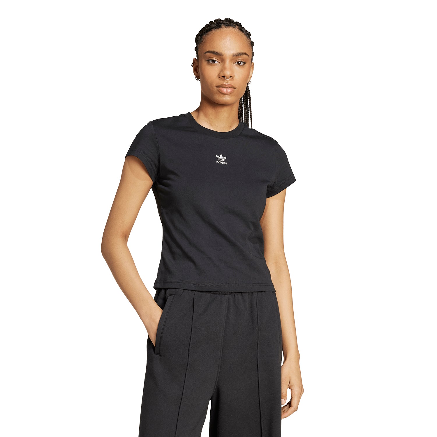 Polos Originals Mujer Adidas Ess Slim Tee color Negro Outfit streetwear - código Iw5707
